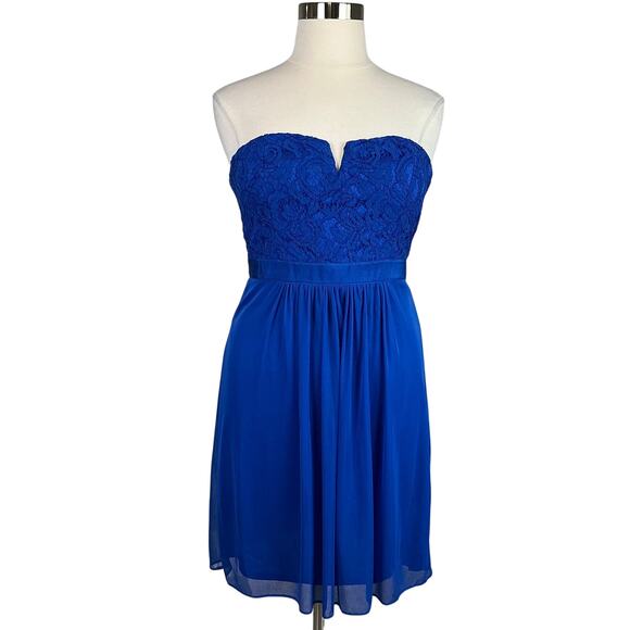 Adrianna Papell Strapless Lace Chiffon Mini Cocktail Dress Blue Size 14 Sheath - Picture 1 of 14